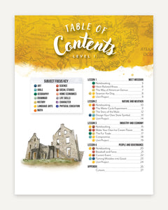 Table of Contents page for Level 1 Student Book listing the topics and subject focuses. 
