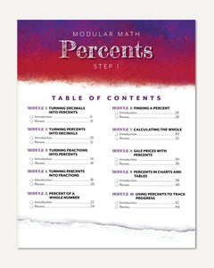 Table of contents page for a modular math curriculum titled 'Percents Step 1,' with a purple-to-white gradient header and black text listing modules on a white background with a torn-paper effect at the bottom.