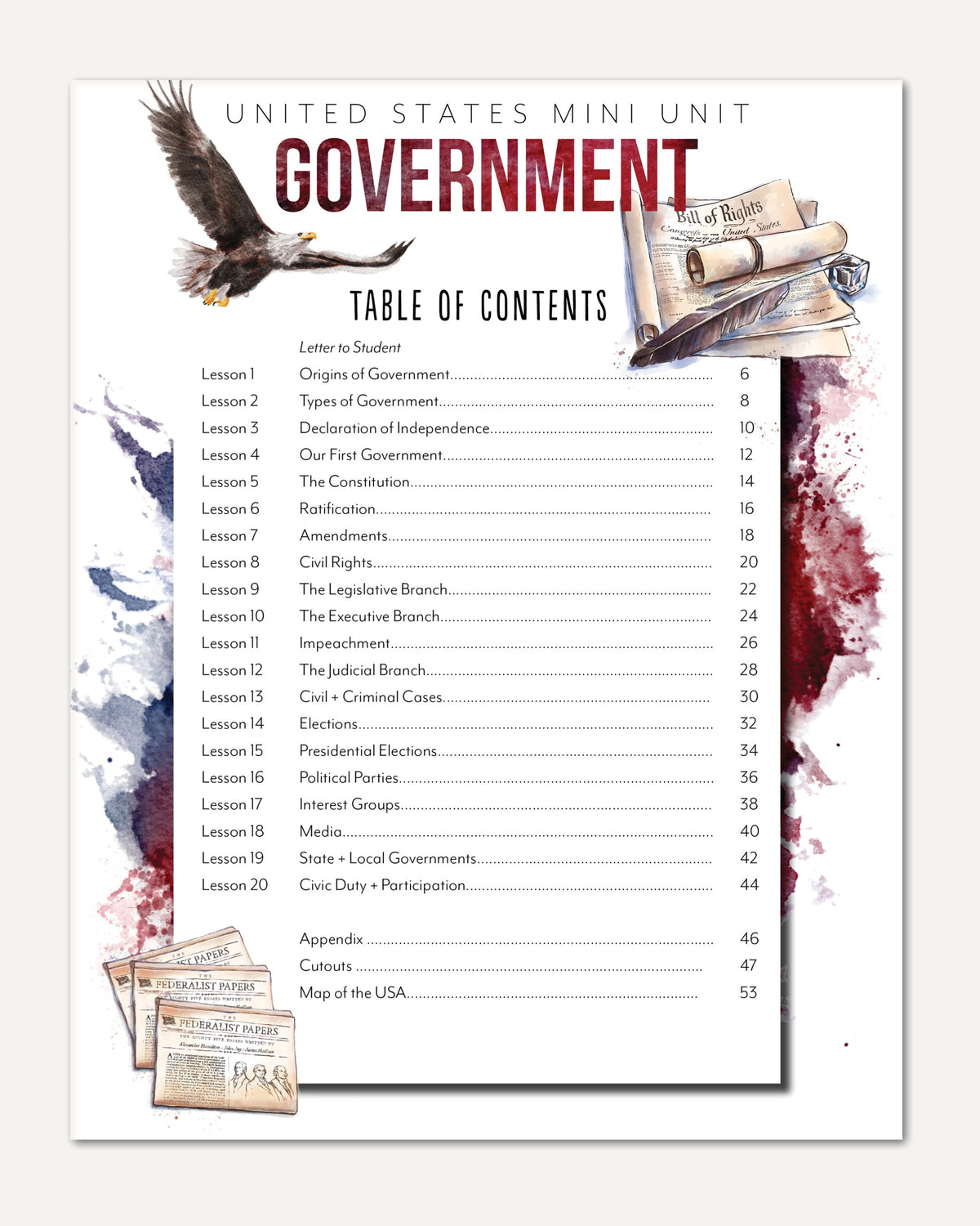 US Government Homeschool Study Unit Digital Printed Upper Elementary Student Book Table of Contents