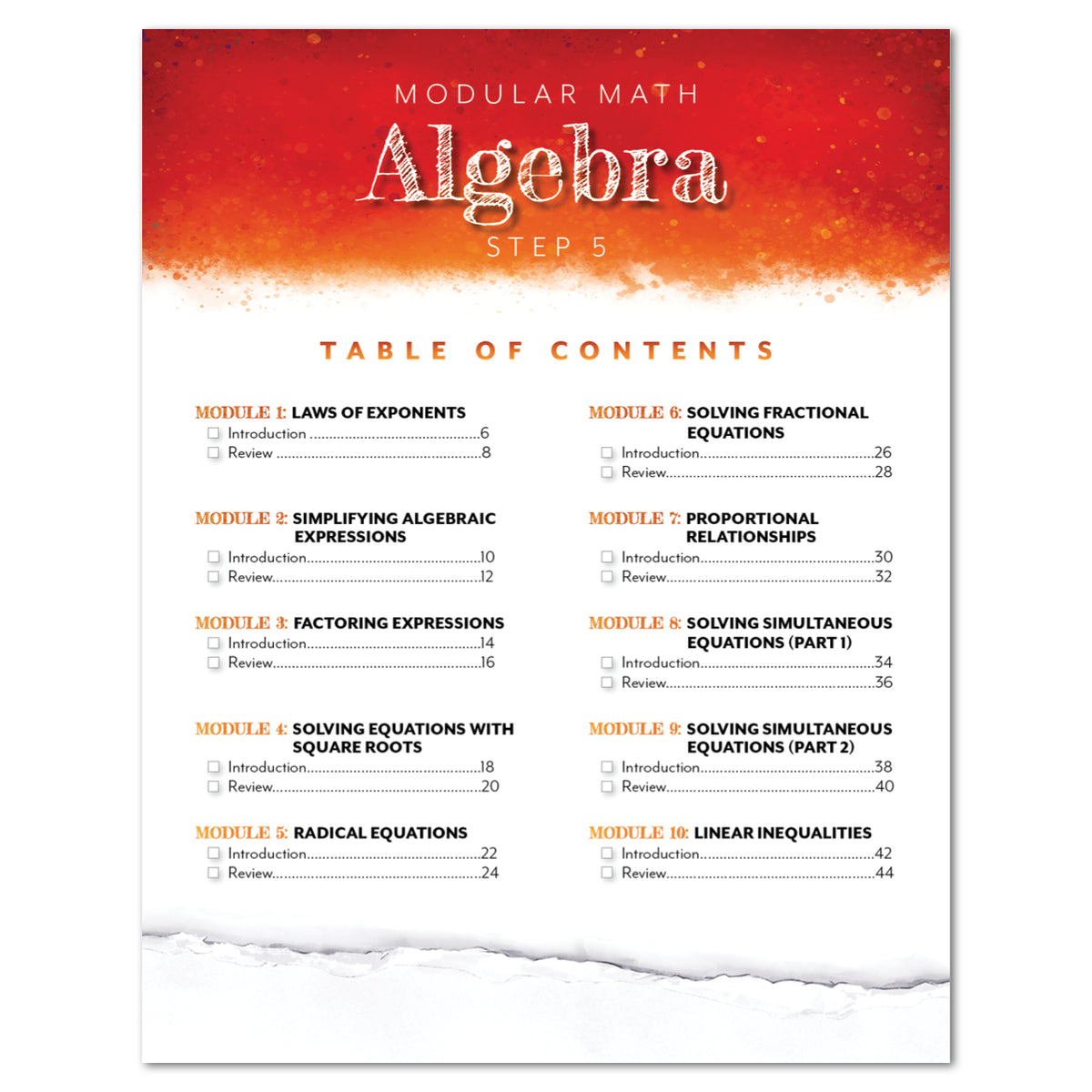 A table of contents page for a Modular Math Algebra Step 5 educational booklet, featuring a red and orange textured header, black text on a white page, and a torn-paper effect at the bottom.