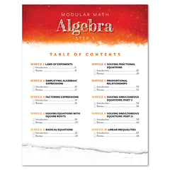 A table of contents page for a Modular Math Algebra Step 5 educational booklet, featuring a red and orange textured header, black text on a white page, and a torn-paper effect at the bottom.