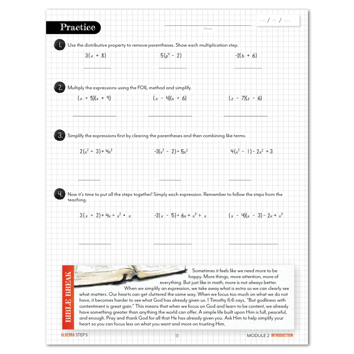 A worksheet page titled 'Practice' with algebra problems, grid paper background, a small 'Bible Break' section on the bottom. 