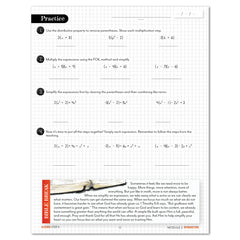 A worksheet page titled 'Practice' with algebra problems, grid paper background, a small 'Bible Break' section on the bottom. 