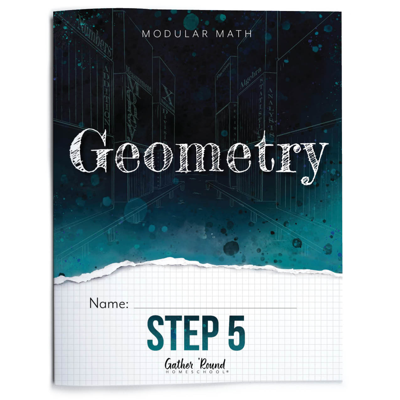 Geometry textbook with a dark cover and grid lines on a white background