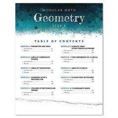 Table of contents for a mathematics textbook on geometry with a blue and white design.