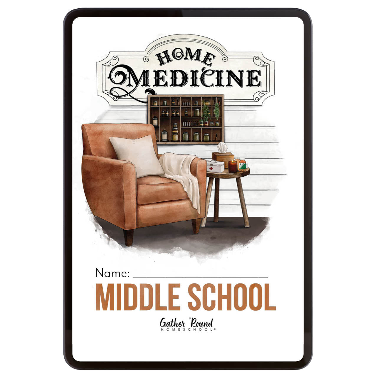 Digital cover for 'HOME MEDICINE Middle School' unit, features a brown armchair and small side table in the center. 
