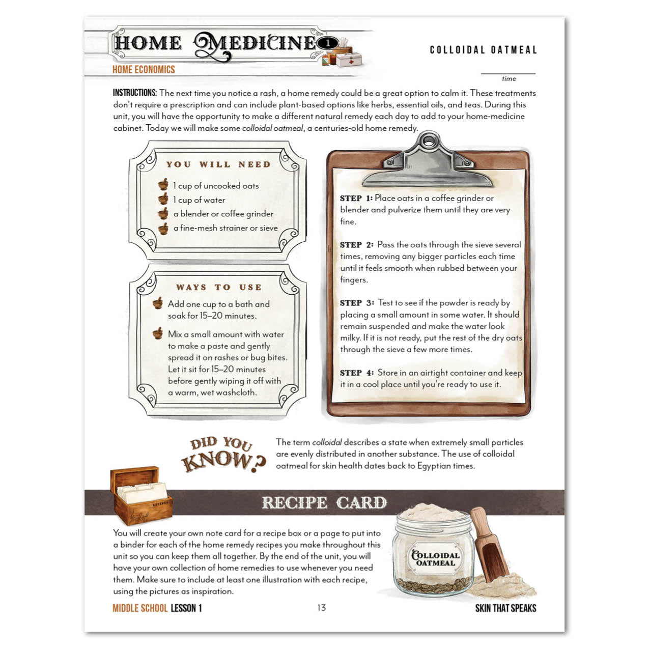 An education al worksheet titled 'Home Medicine: Home Economics' with sections for 'Colloidal Oatmeal,' instructions, a 'Did you know?' box, and a recipe card area, shown on a white background.