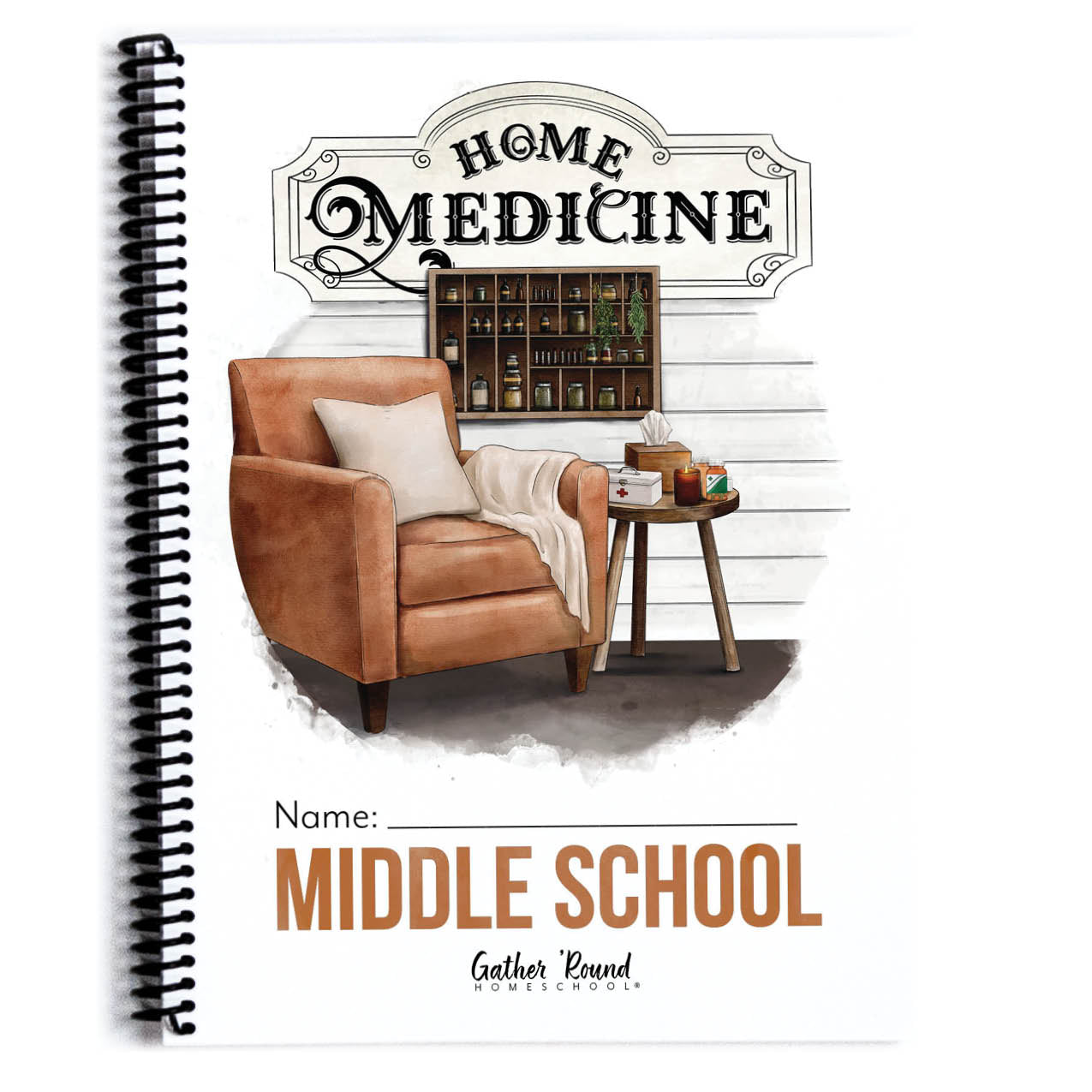 Cover for 'HOME MEDICINE Middle School' unit, features a brown armchair and small side table in the center. 