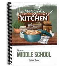 A spiral-bound notebook cover featuring a watercolor-style illustration of a rustic kitchen scene with the words 'Homestead Kitchen' and 'MIDDLE SCHOOL.' The cover also includes the Gather Round Homestead logo at the bottom.
