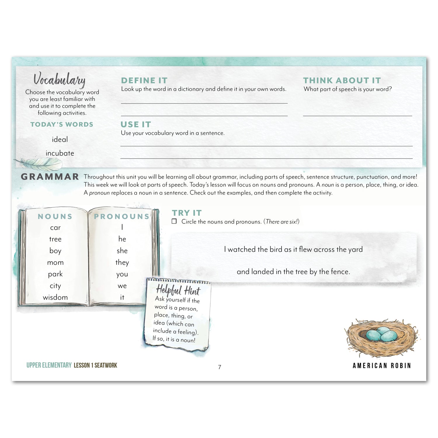 North American Birds part two homeschool unit study digital student seatwork journal in manuscript for upper elementary lesson one