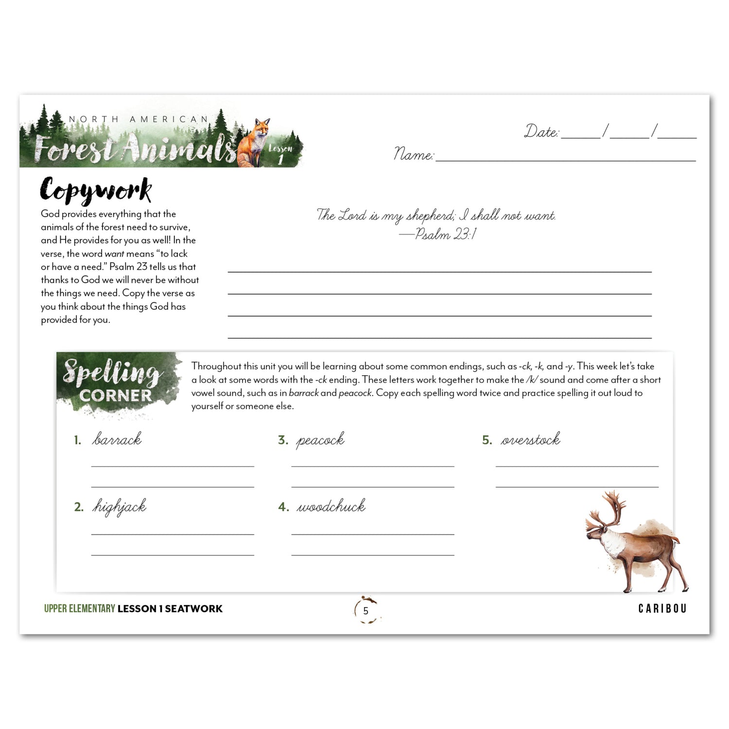 North American Forest Animals homeschool unit study print student seatwork journal in cursive for upper elementary lesson one