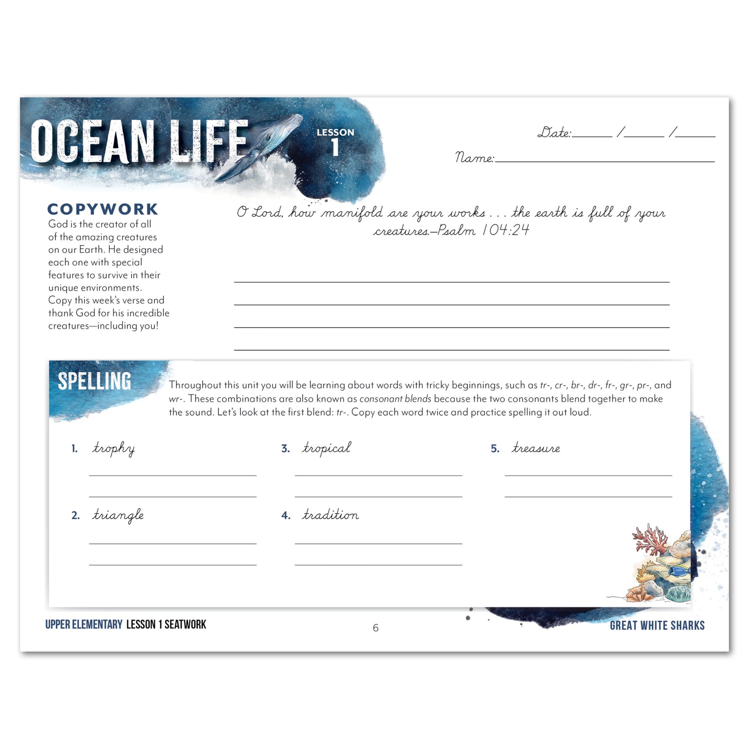Ocean Life homeschool unit study digital seatwork journal in cursive for upper elementary lesson one worksheet