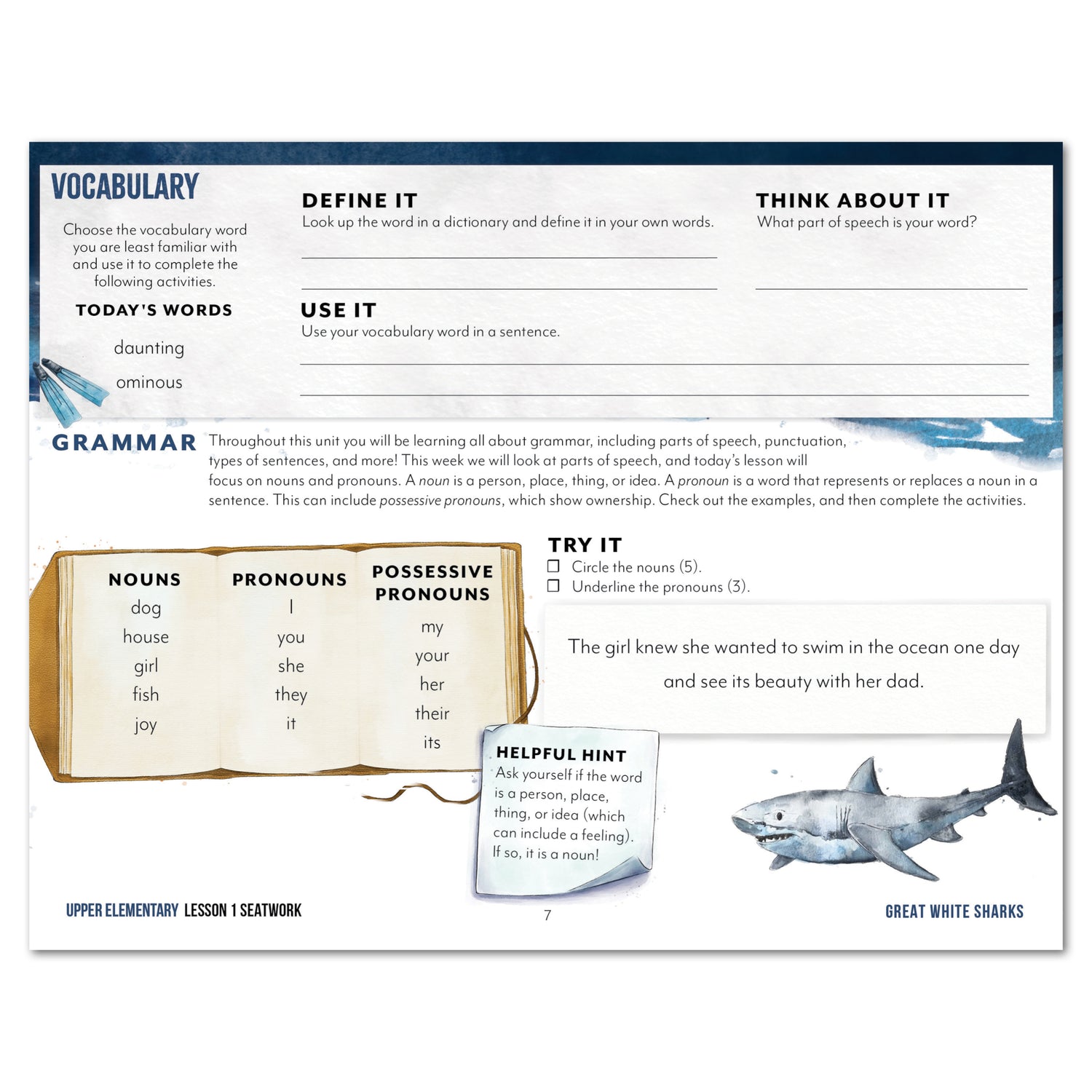 Ocean Life homeschool unit study digital seatwork journal in manuscript for upper elementary worksheet