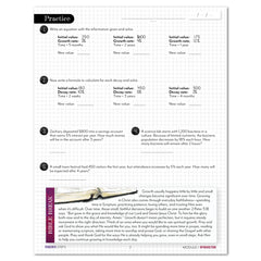 A printed worksheet page titled 'Practice' with a grid background, showing exponential growth and decay problems, plus a Bibel Break section.