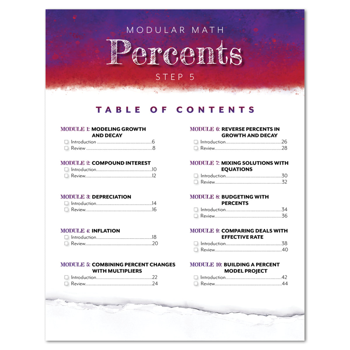 Table of contents page for a modular math curriculum titled 'Percents Step 5,' with a purple-to-white gradient header and black text listing modules on a white background with a torn-paper effect at the bottom.