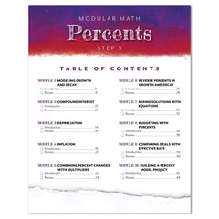 Table of contents page for a modular math curriculum titled 'Percents Step 5,' with a purple-to-white gradient header and black text listing modules on a white background with a torn-paper effect at the bottom.