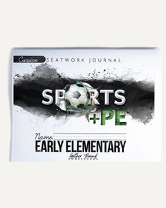 Sports + PE homeschool unit study, print student seatwork journal in cursive for early elementary