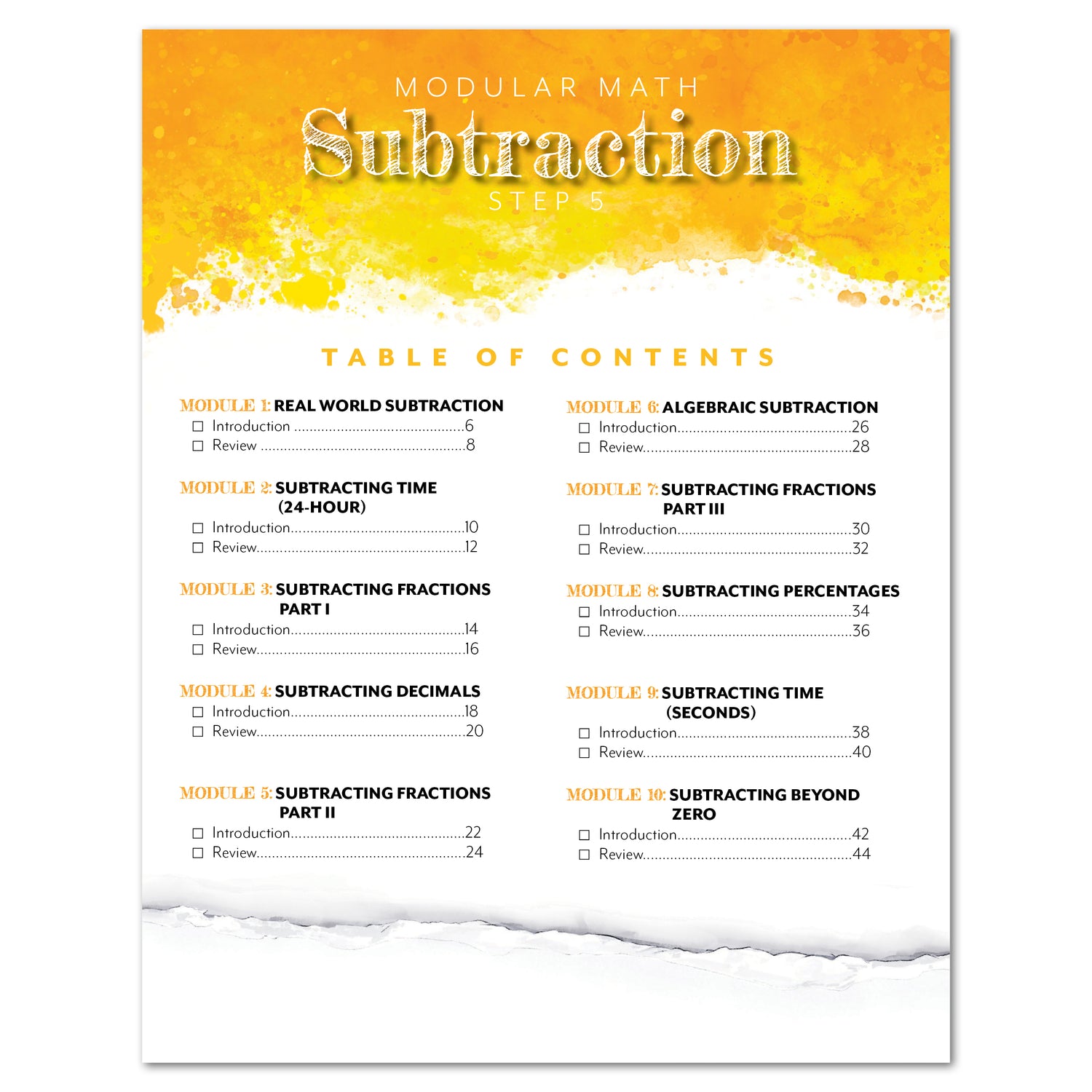 Subtraction Modular Math step 5 printed book table of contents