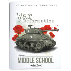 A print product showing a US History 4 'War & Reformation' educational book cover. The cover artwork features a military tank with red poppy flowers on a white background.