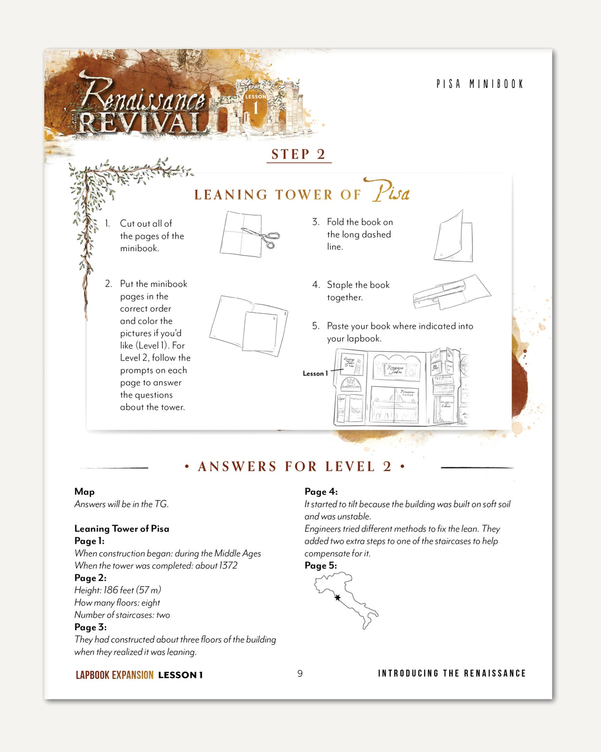 Renaissance and Revival Homeschool Unit Study Digital Bundle Lapbook Instructions Lesson 1 Step 2 Pisa Minibook