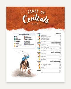 Table of Contents page from Texas unit. The top section features an orange header with the title 'TABLE OF CONTENTS LEVEL' and a list of lesson titles with topics and subjects that will be covered. 