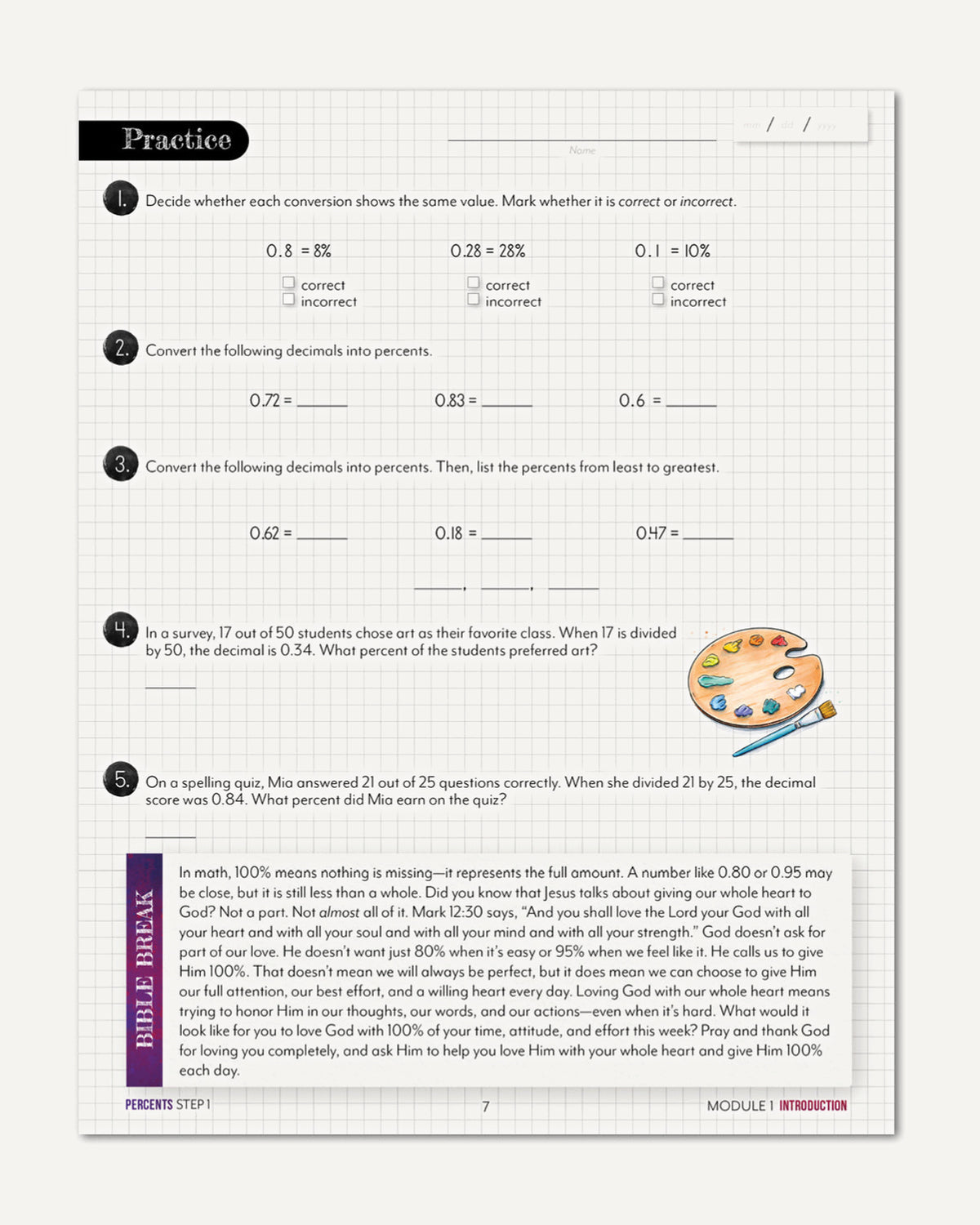 A printed worksheet page titled 'Practice' with math conversion and percentage exercises, plus a 'Bible Break' section at the bottom. The page has a white background, black text, a light gray grid, and small colorful image of a paint pallet and brush.