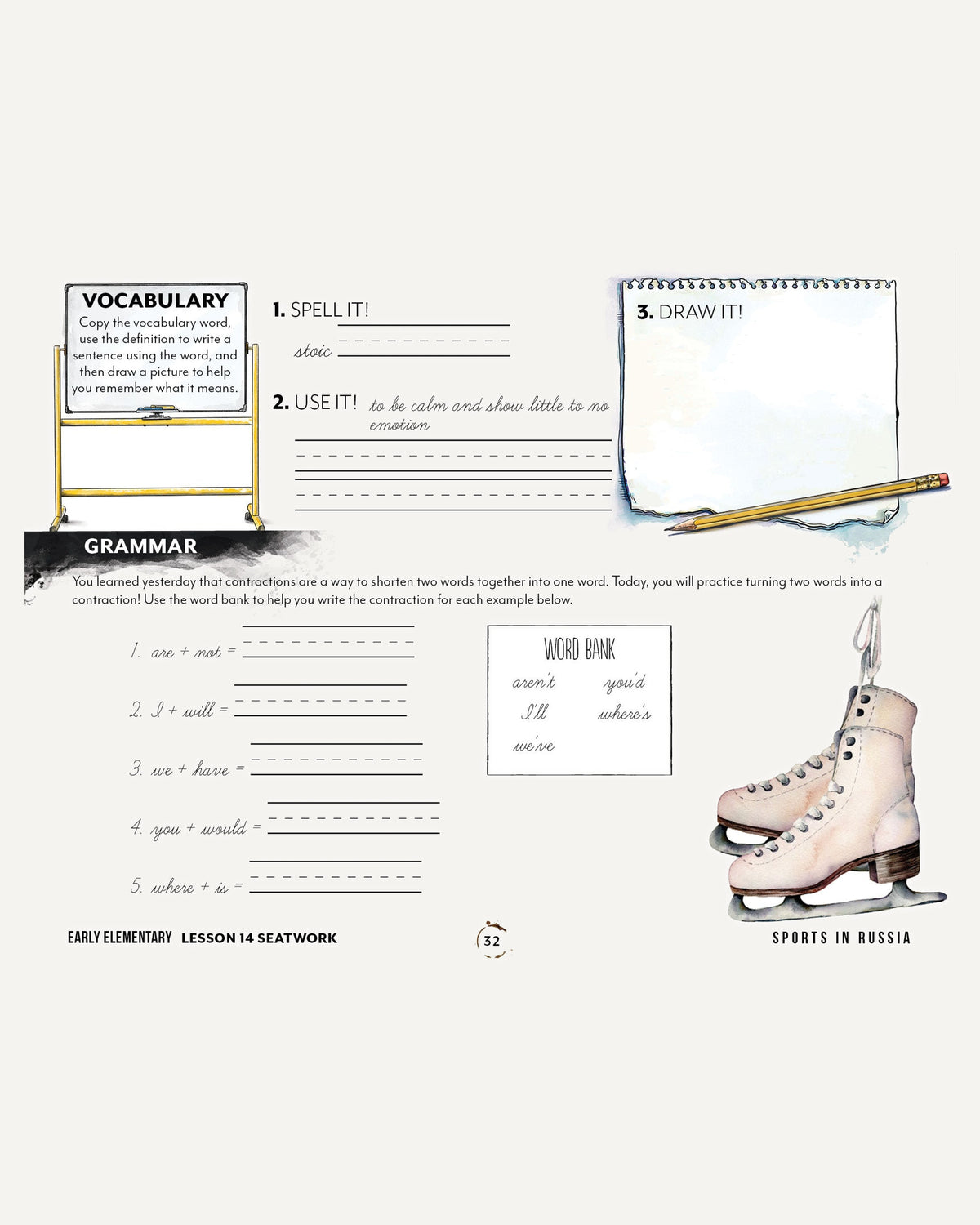 Sports + PE homeschool unit study, print student seatwork journal in cursive for early elementary worksheet