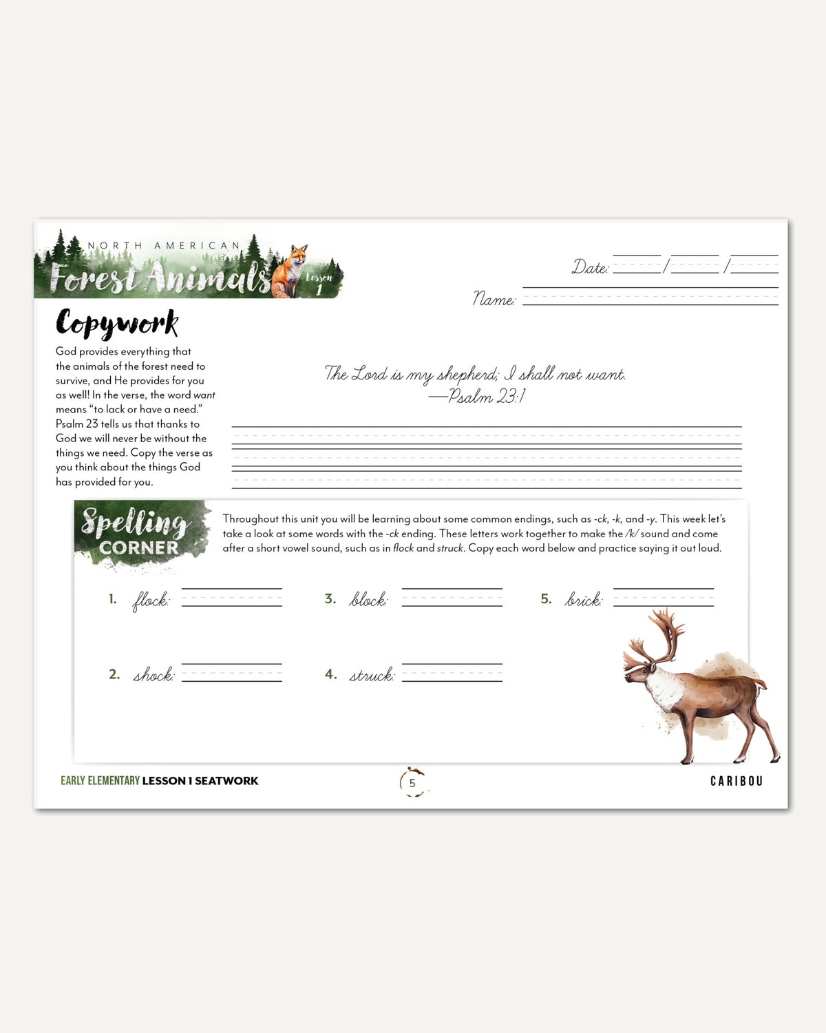 North American Forest Animals homeschool unit study digital student seatwork journal in cursive for early elementary lesson one
