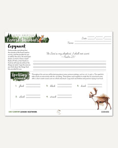 North American Forest Animals homeschool unit study digital student seatwork journal in cursive for early elementary lesson one