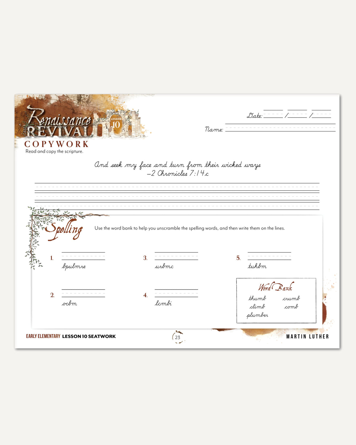 Renaissance and Revival Homeschool Unit Study Digital Seatwork Journal Cursive Early Elementary Lesson 10  Copwork and Spelling