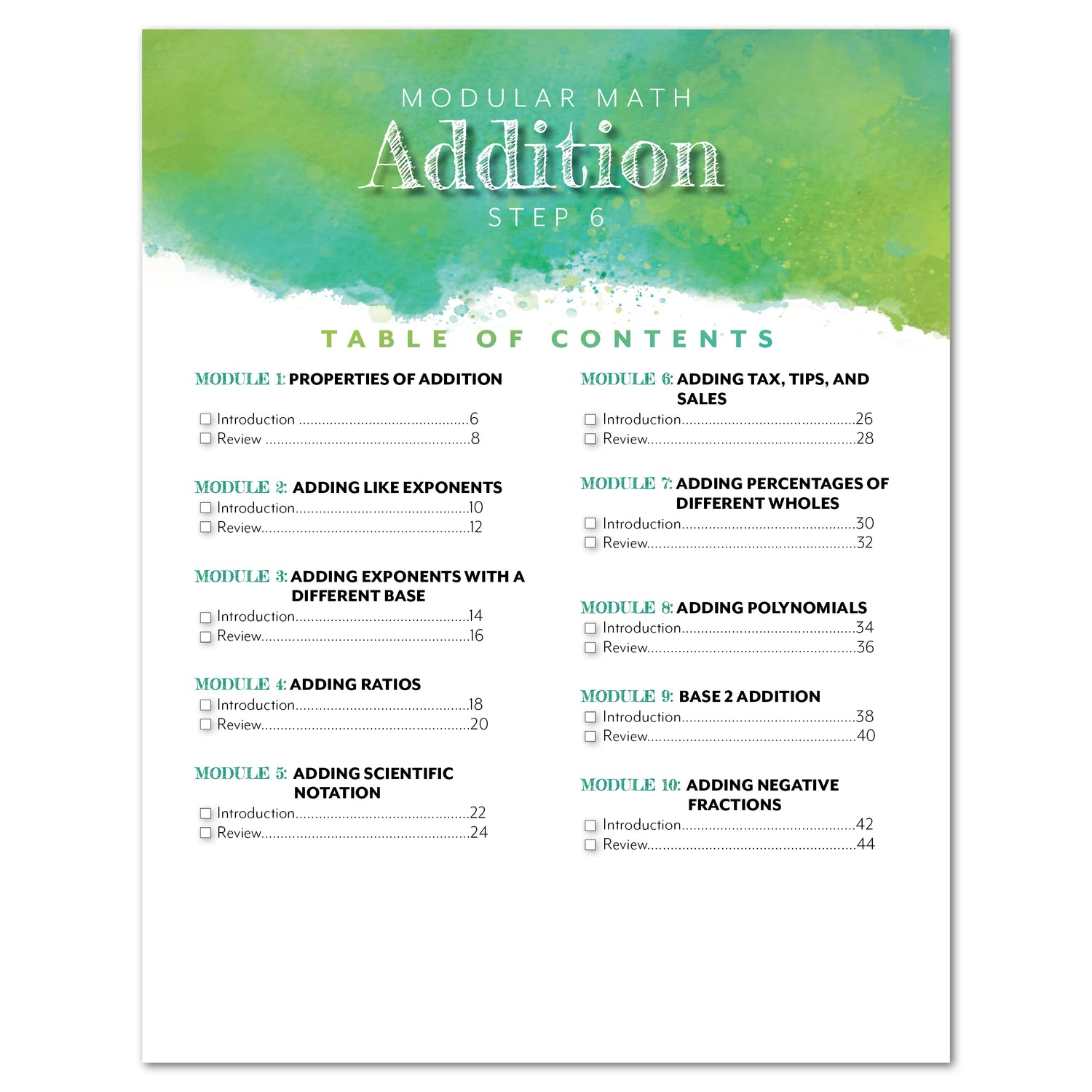 Modular Math Addition Step 6 Printed Table of Contents Page Homeschool Unit