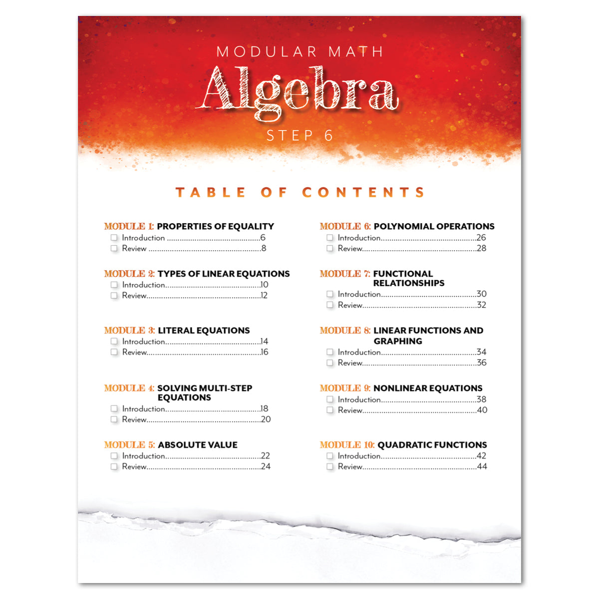 A table of contents page for a Modular Math Algebra Step 6 educational booklet, featuring a red and orange textured header, black text on a white page, and a torn-paper effect at the bottom.