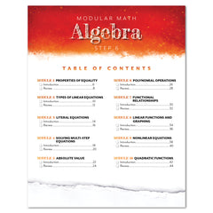 A table of contents page for a Modular Math Algebra Step 6 educational booklet, featuring a red and orange textured header, black text on a white page, and a torn-paper effect at the bottom.