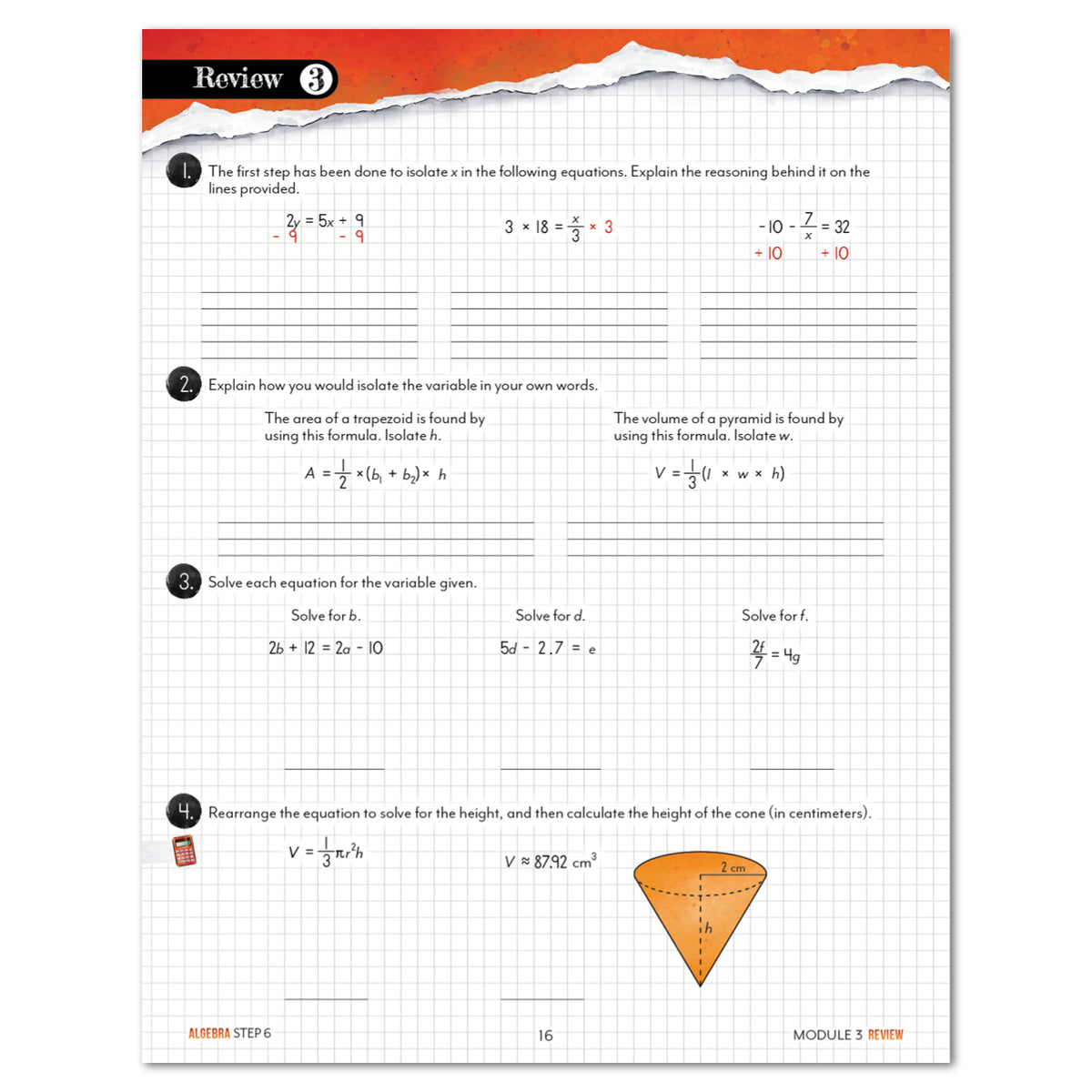 A worksheet page titled 'Review' with algebra problems, lined grid paper background, orange header accents, and a small orange cone illustration near the bottom right.