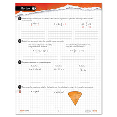 A worksheet page titled 'Review' with algebra problems, lined grid paper background, orange header accents, and a small orange cone illustration near the bottom right.