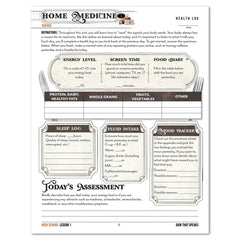 An educational worksheet page titled 'Home Medicine: Science' with sections for energy level, screen time, food diary, sleep log, fluid intake, and mood tracker, plus an assessment area at the bottom.