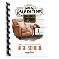 Cover for 'HOME MEDICINE High School' unit, features a brown armchair and small side table in the center. 