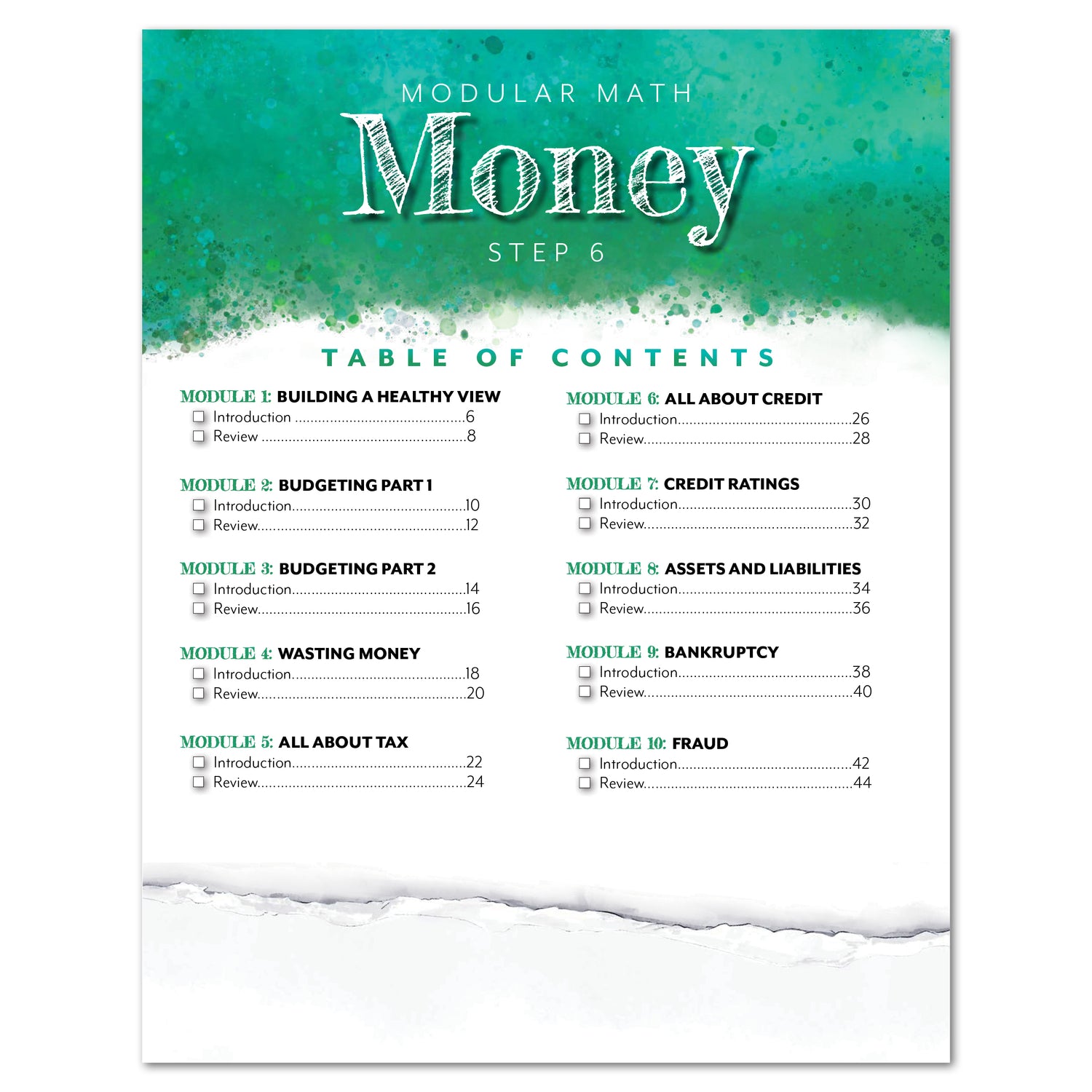 Money Modular Math step 6 printed book table of contents