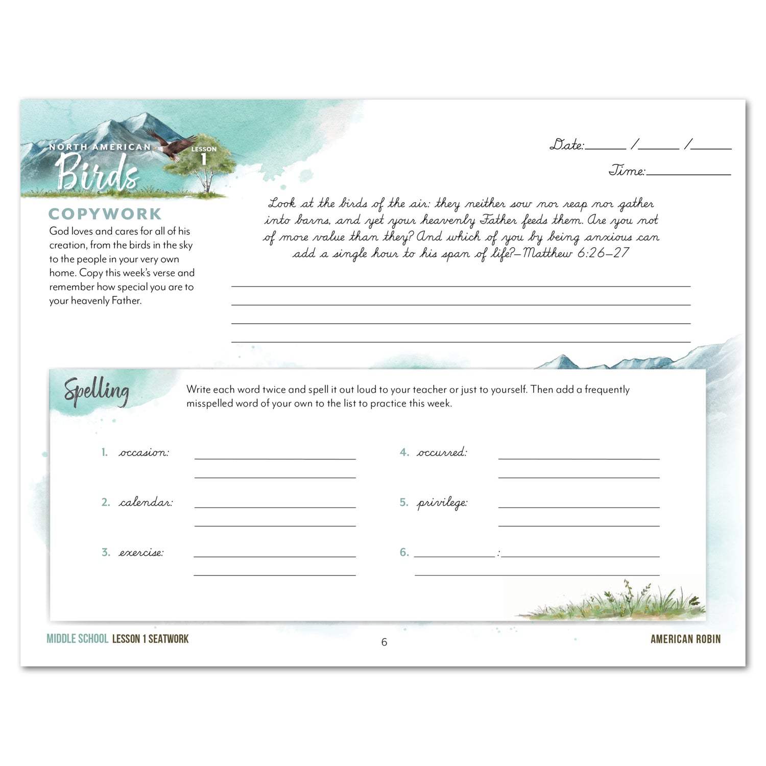 North American Birds part two homeschool unit study digital student seatwork journal in cursive for middle school lesson one