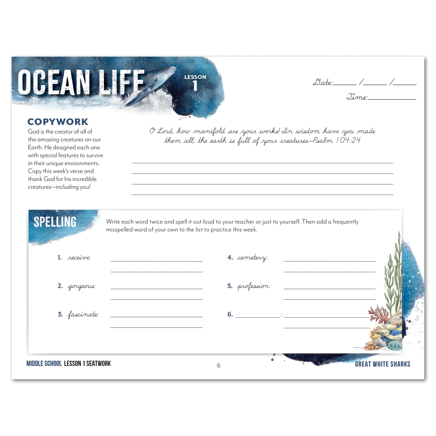 Ocean Life homeschool unit study digital seatwork journal in cursive for middle school worksheet