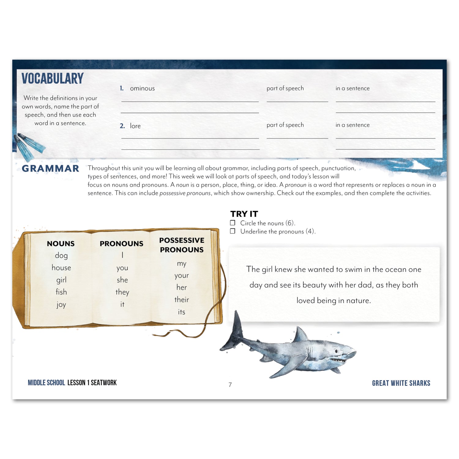 Ocean Life homeschool unit study digital seatwork journal in manuscript for middle school worksheet