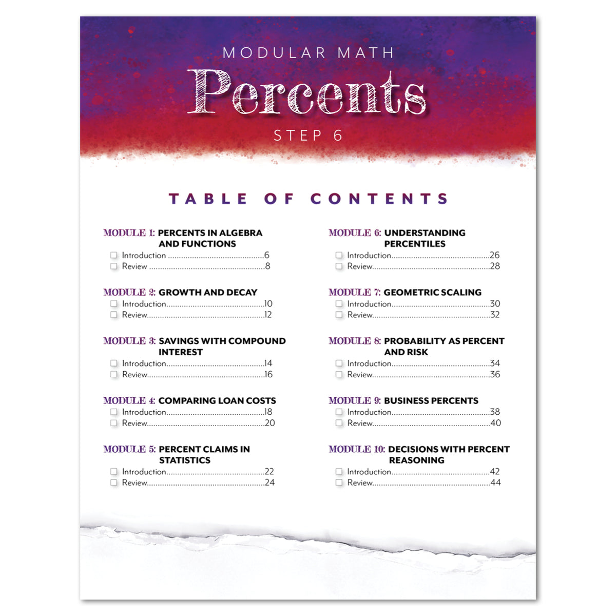 Table of contents page for a modular math curriculum titled 'Percents Step 6,' with a purple-to-white gradient header and black text listing modules on a white background with a torn-paper effect at the bottom.