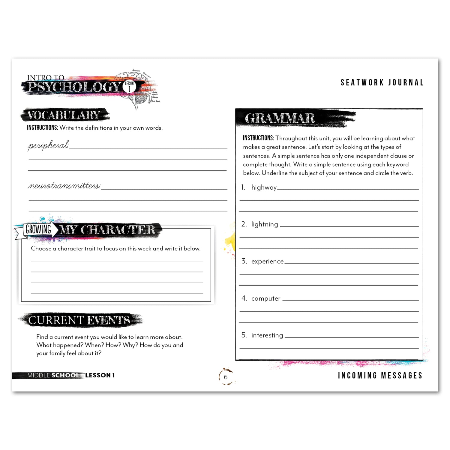 Psychology homeschool unit study digital student seatwork  journal cursive in middle school worksheet