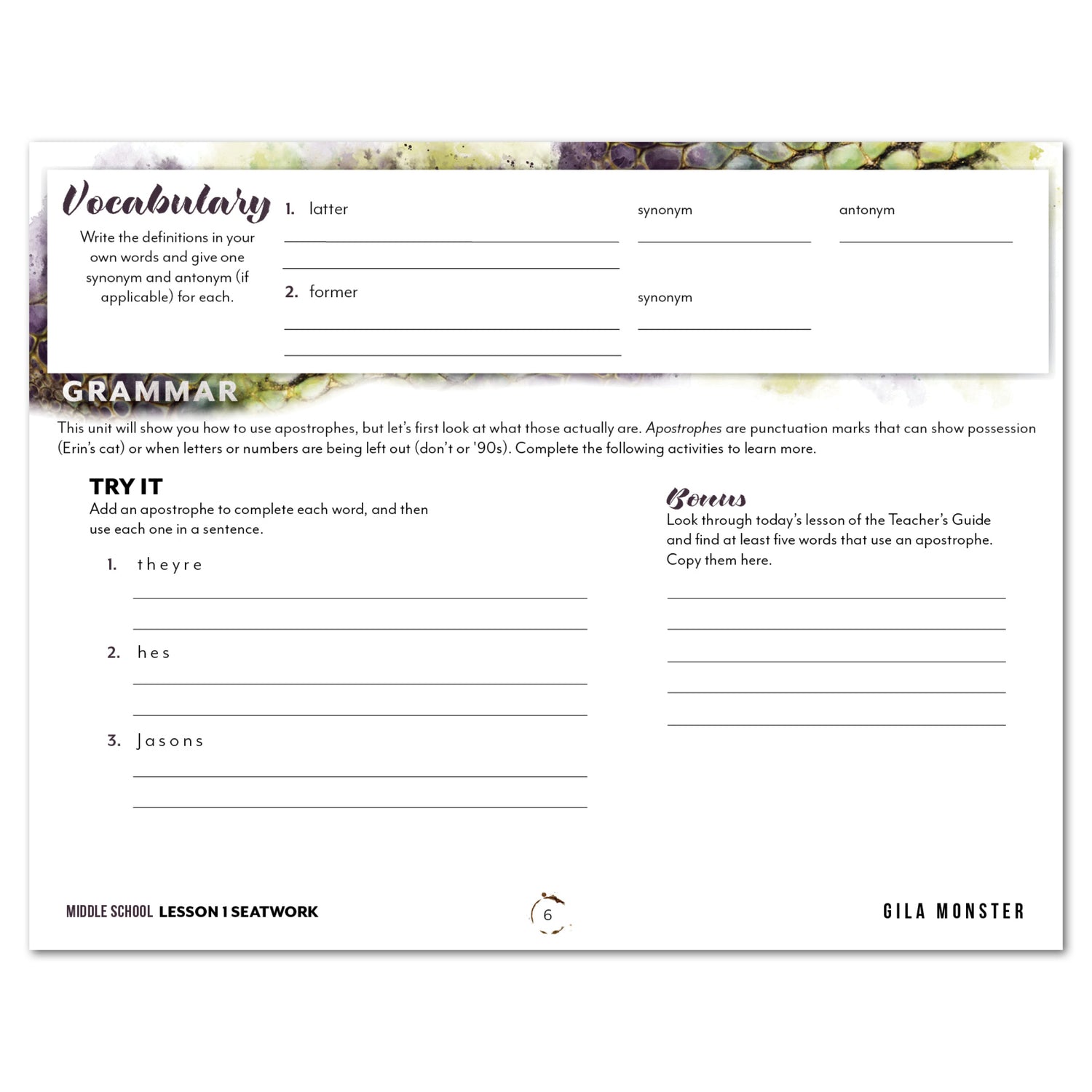 Reptiles homeschool unit study printed student seatwork journal in manuscript for Middle School worksheet
