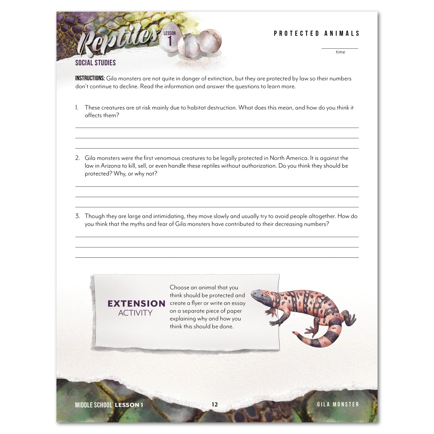 Reptiles homeschool unit study digital student workbook  Middle School and Teacher's Guide bundle protected animals worksheet