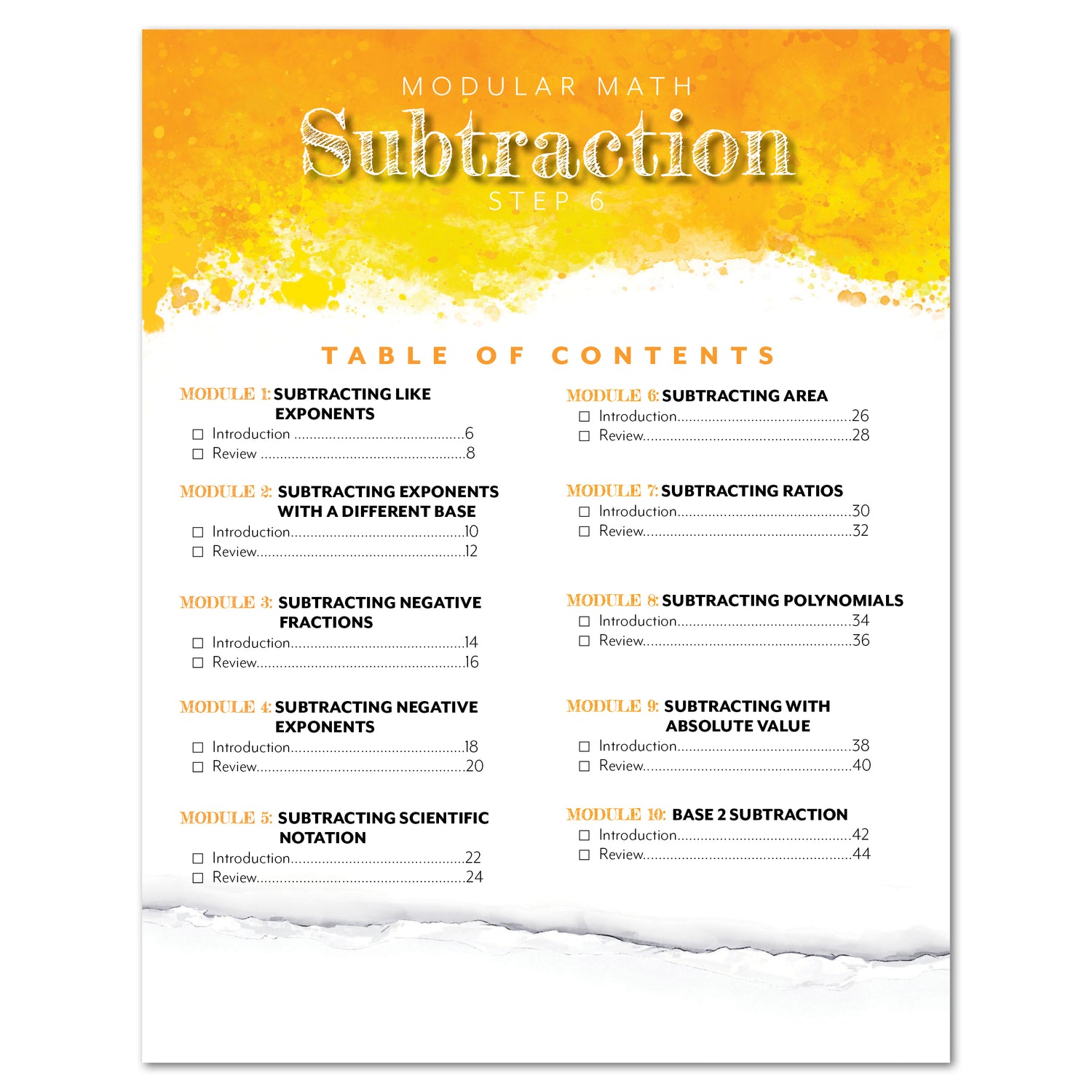 Subtraction Modular Math step 6 printed book table of contents
