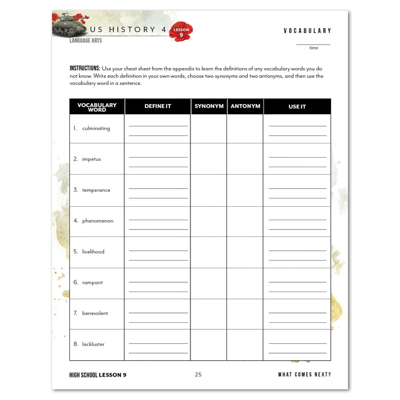 A US History 4 Language Arts vocabulary worksheet page, featuring a table with columns.