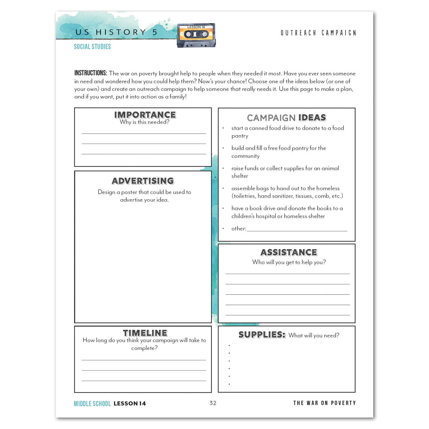US History 5: A New Era:1946-1975 Homeschool Unit Study Printed Middle School Student Book Lesson 14 Outreach Campaign