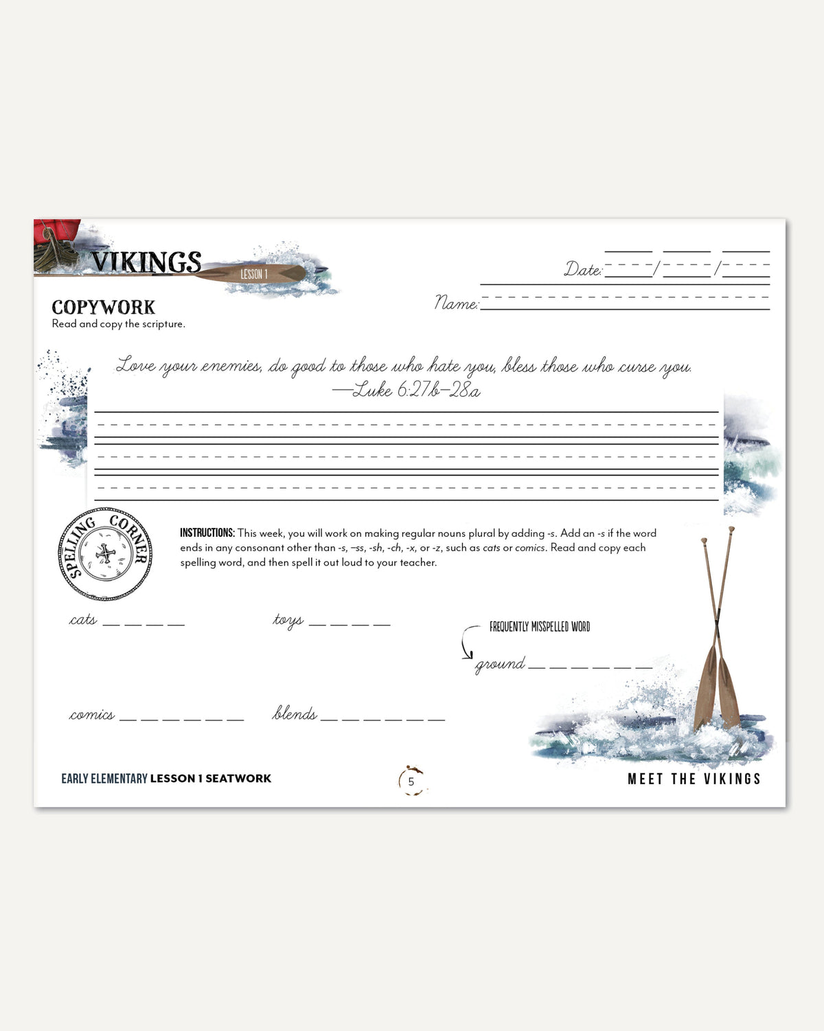 Vikings Homeschool Unit Study Digital Seatwork Journal Cursive Early Elementary Lesson 1 Copywork and Spelling