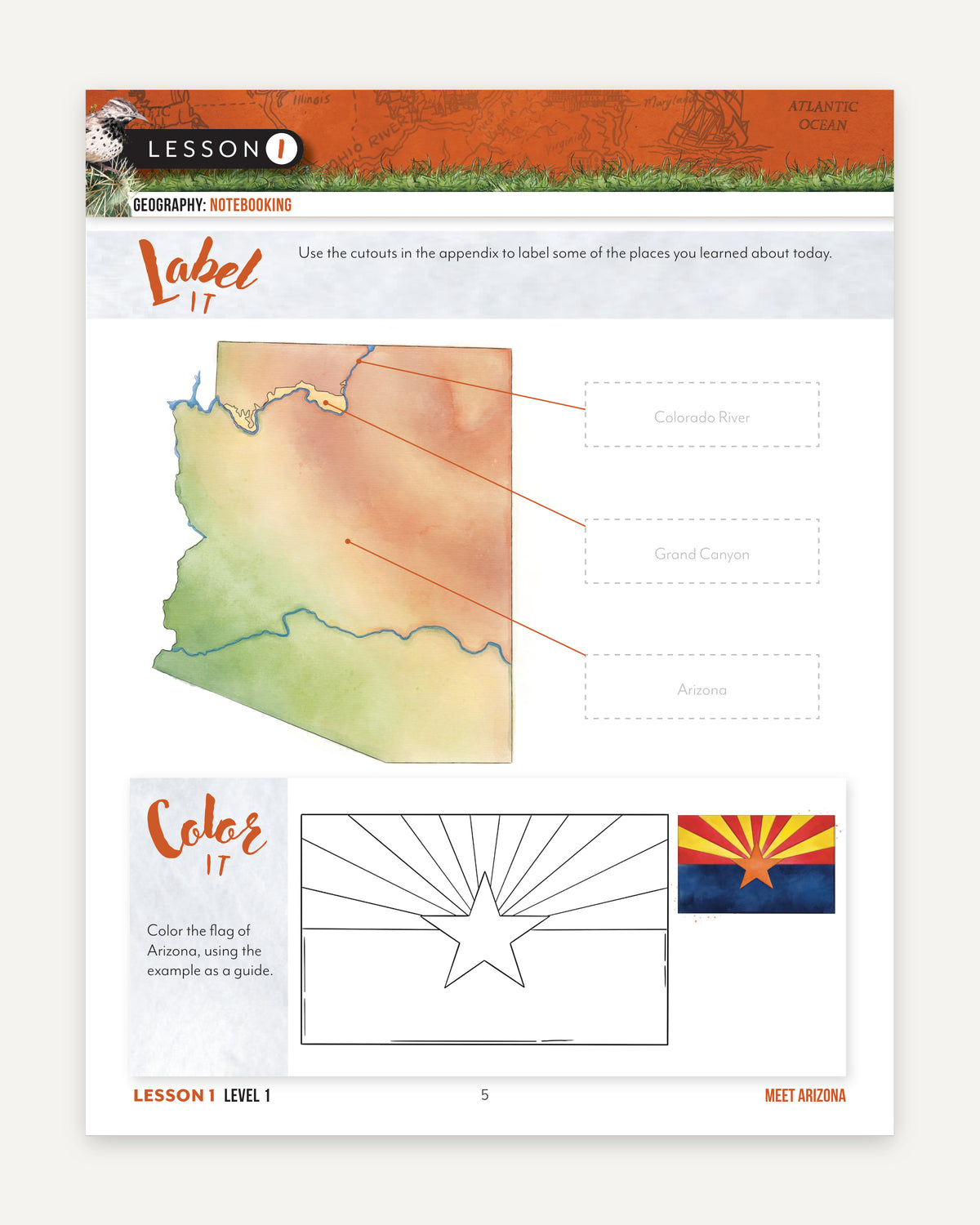 Arizona Fifty States Homeschool Unit Study Digital Student Book Page Level 1 Lesson 1